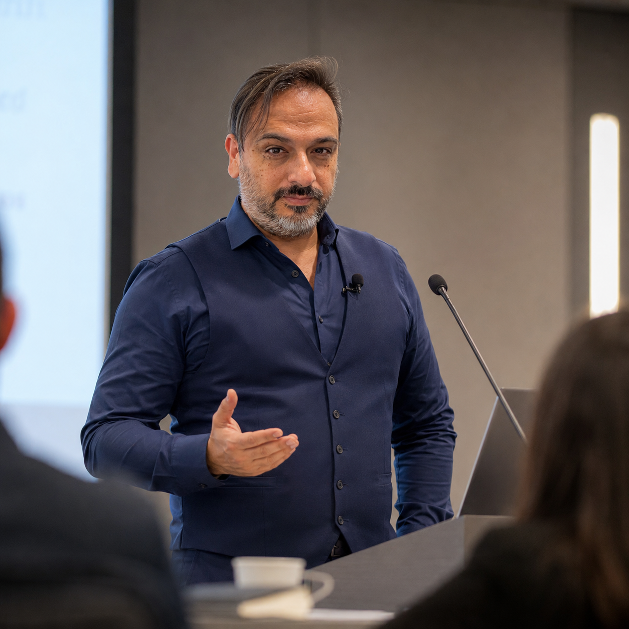 Alessandro Perna durante un corso, davanti ai partecipanti